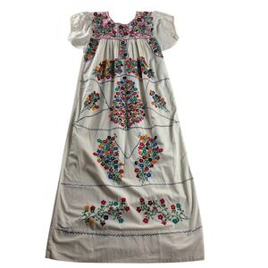 Hand Embroidered Floral Maxi Dress Ivory Boho Folk Art Artisan Peasant